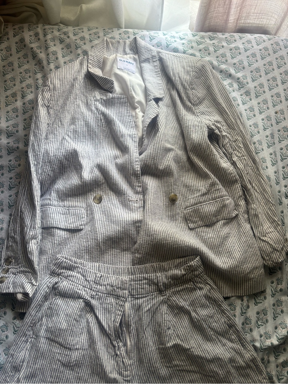 Old Navy Gray and White Striped Linen-Blend Pantsuit